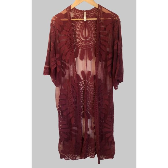 Francesca's Other - Francescas Lace Duster Kimono Cover-Up Womens OS Burgundy Boho Sheer Hippie Mesh
